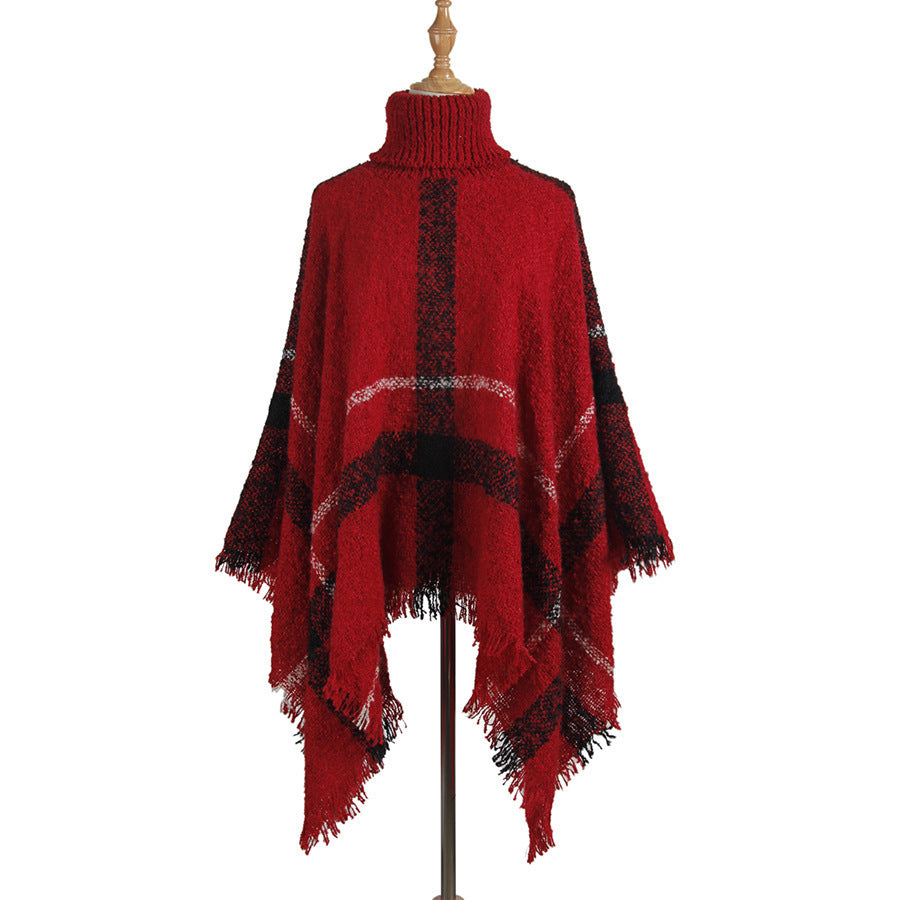 High collar fringed cloak shawl