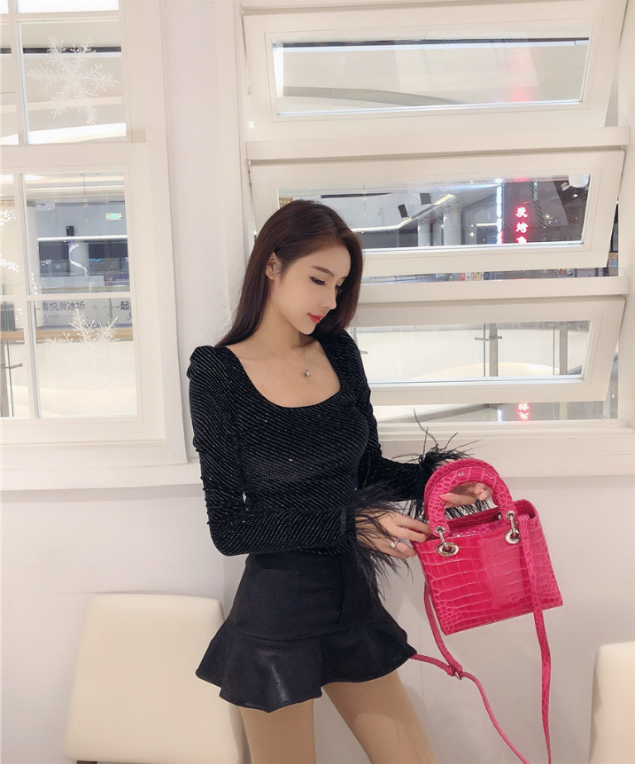 new style famous U-neck ostrich hair cuff decorative body-trimming needle cotton bottom jacket jacket