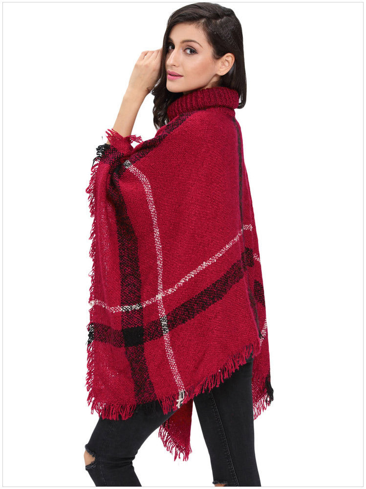 High collar fringed cloak shawl