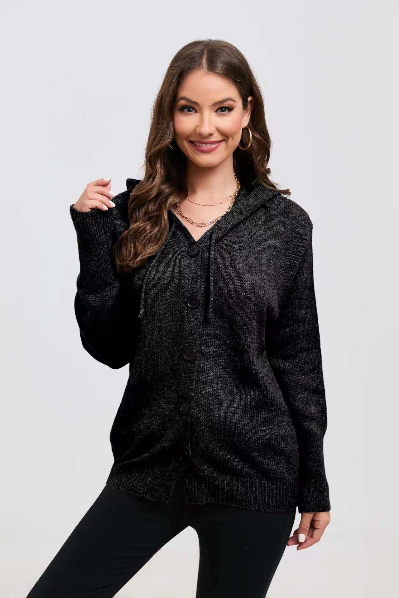 Women's Fashion Solid Color Hooded Single-breasted Sweater