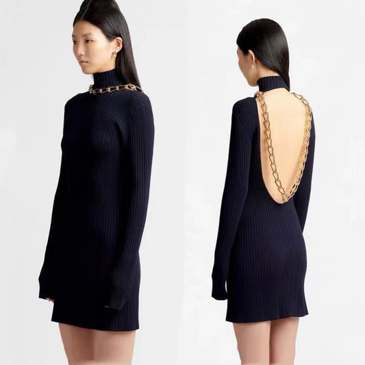 Leaky Back Knitted Dress Mid-waist Pullover Temperament