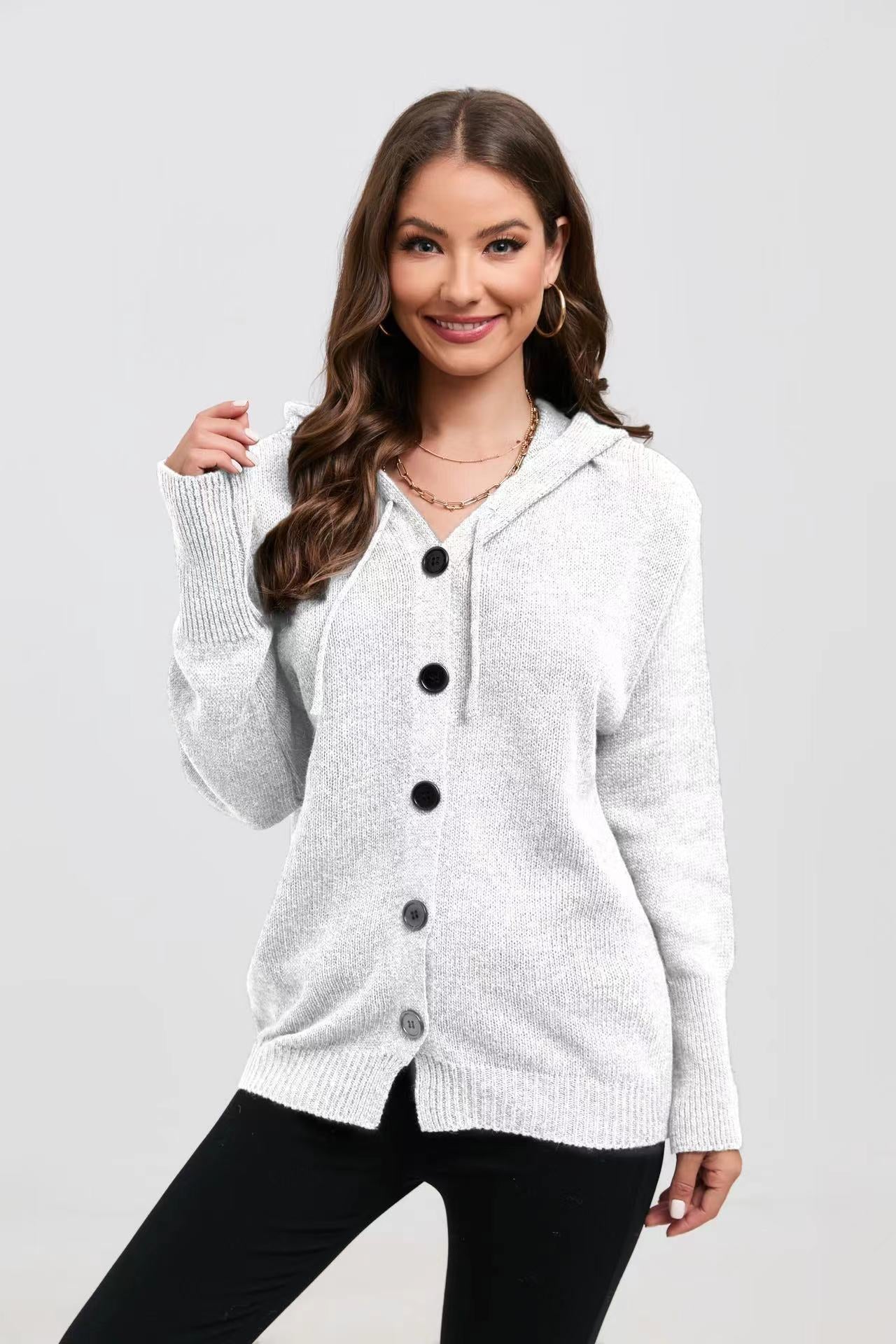 Women's Fashion Solid Color Hooded Single-breasted Sweater
